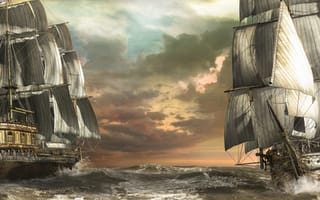 Картинка арт, парусники, волны, корабли, море