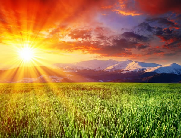 Обои Splendid Landscape, зелёный, небо, солнце, луг, облака, ослепительное, горы, заснеженные, красивое