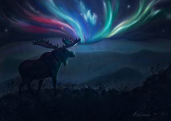 Обои арт, северное сияние, лось, пейзаж, ночь, рога