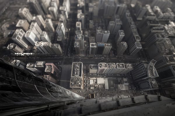 Обои высота, район, птичий, город, небоскребы, дома, полет, Tilt shift, тилт шифт, улицы