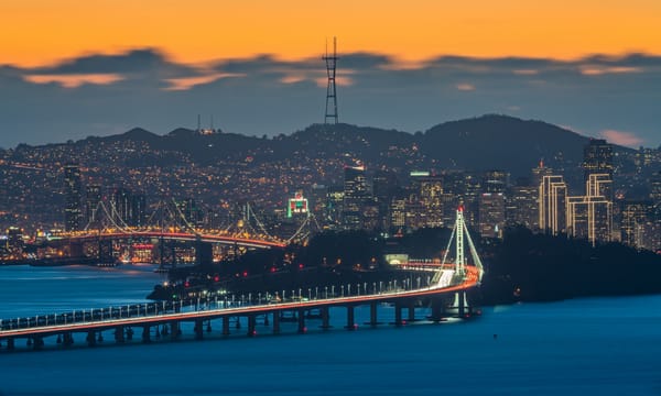 Обои облака, Bay Bridge, сумерки, Сан-Франциско, город, оранжевое небо, Калифорния, Соединенные Штаты