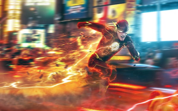 Обои barry allen, бежит, супергерой, скорость, comics, flash, город, dc comics