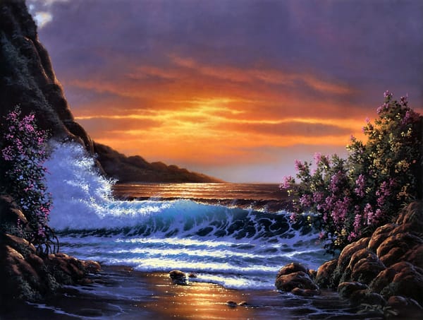 Обои Sunset Shores, Derk Hansen, bloom, painting, sea, waves, bush, sunset