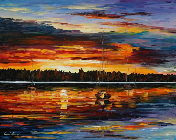 Обои пейзаж, вода, горизонт, сны озёр, краски, картина, Leonid Afremov, Lake dreams, леонид афремов