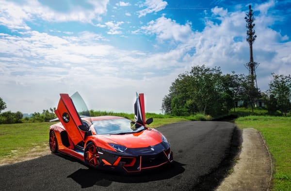 Обои деревья, облака, вид спереди, dmc aventador, amborghini, дорога, lp900sv, авентадор, газон, orange, ламборгини, небо, оранжевый