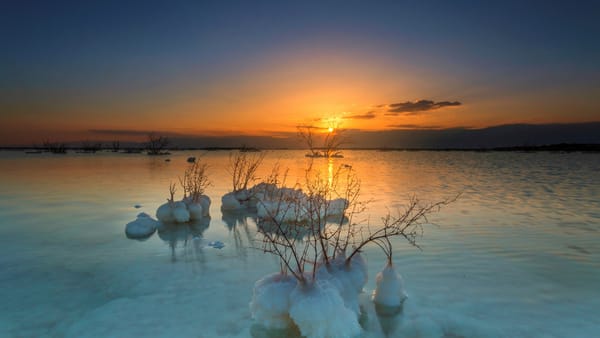 Обои закат, солнце, мертвое море, соль