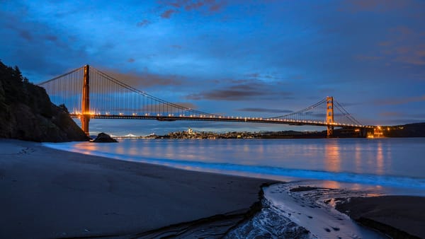 Обои пейзаж, мост, golden gate bridge, пролив, сан - франциско, san francisco, золотые ворота, огни, берег, вечер