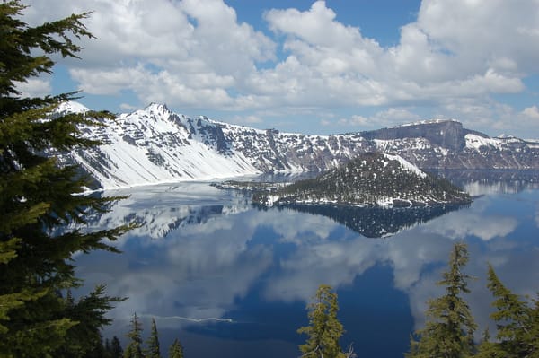 Обои озеро, орегон, остров, oregon, crater lake, ели, озеро крейтер, crater lake national park, отражение