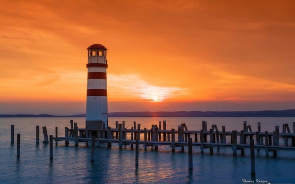 Обои закат, lake neusiedl, austria, австрия, burgenland, podersdorf am see, озеро нойзидлер-зе, маяк, подерсдорф-ам-зе, озеро, бургенланд
