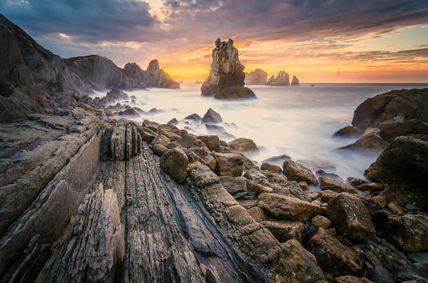 Обои Costa Quebrada, скалы, море, пейзаж, Costa de Cantabria, Испания, Сантандер, Кантабрия, закат