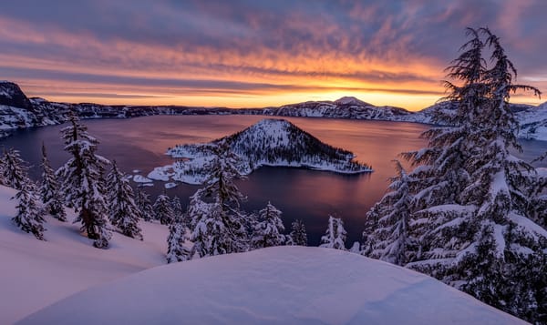 Обои Crater Lake, закат, Southern Oregon, штат Орегон, Кратерное озеро, пейзаж, Crater Lake National Park, зима, США