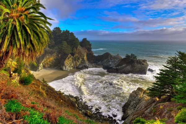 Обои McWay Falls, море, водопад, McWay Cove Beach, пляж, Big Sur, Биг-Сюр, Парк Джулии Пфайфер Берн, Калифорния, California, Julia Pfeiffer Burns State Park, берег
