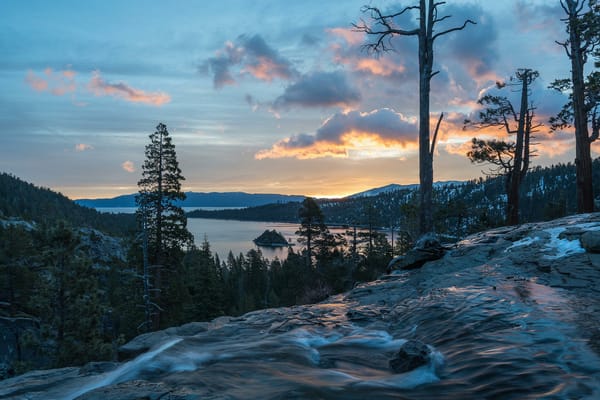 Обои Eagle Falls, пейзаж, закат, озеро Тахо, горы, деревья, озеро