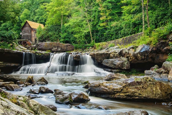 Обои Glade Creek Grist Mill, водяная мельница, водопад, скалы, деревья, West Virginia, пейзаж, Babcock State Park, лес