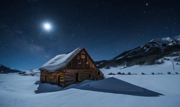 Обои Crested Butte, ночь, Colorado, руины, луна, лунный свет, пейзаж, сумерки, снег, зима, горы, заброшенный дом
