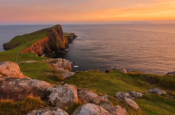 Обои Neist Point, Шотландия, камни, Остров Скай, берег, закат, маяк, пейзаж, море