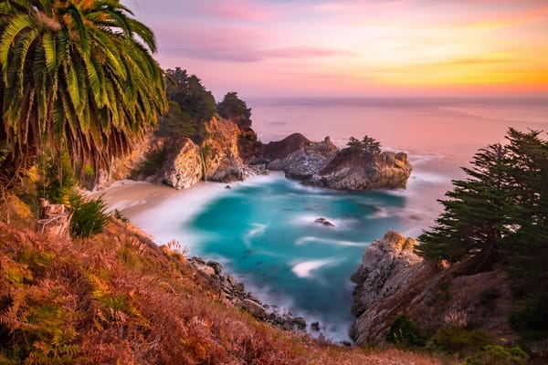 Обои McWay Falls, Биг-Сюр, водопад, Big Sur, берег, California, закат, море, Калифорния, Парк Джулии Пфайфер Берн, McWay Cove Beach, Julia Pfeiffer Burns State Park