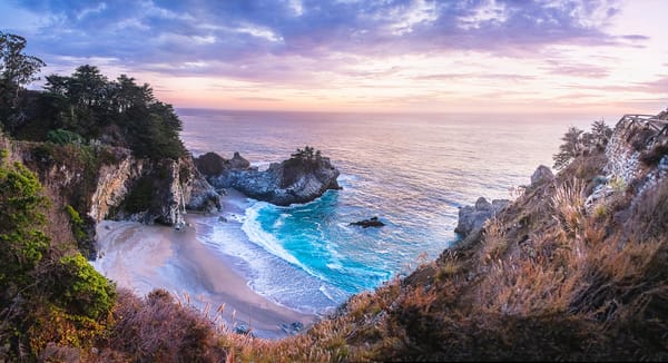 Обои McWay Falls, Julia Pfeiffer Burns State Park, California, закат, море, берег, водопад, McWay Cove Beach, Биг-Сюр, Big Sur, Калифорния, Парк Джулии Пфайфер Берн