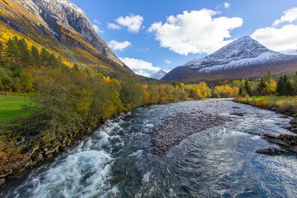 Обои река, течение деревья, пейзаж, Western Norway, горы осень, природа