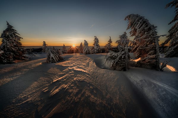 Обои зима, пейзаж, деревья, сугробы, закат солнца, сумерки, природа, солнечные лучи, снег