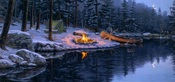 Обои Darrell Bush, озеро, палатка, ель, луна, поздняя осень, Back in the Pines, лось, сосны, живопись, лес, снег, зима, лодка, костер