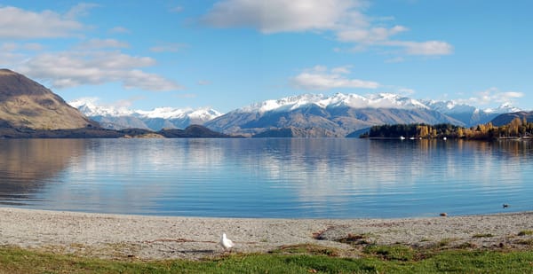 Обои озеро, Panoramic, берег, Новая Зеландия, горы, Lake Wanaka