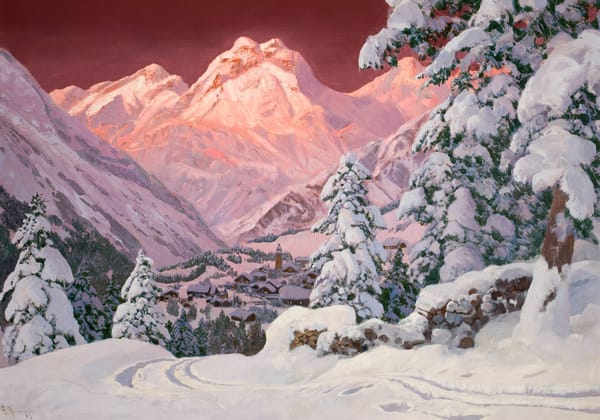 Обои Alois Arnegger, Зима, елка, горы, Альпы, розовый, снег, домики, закат