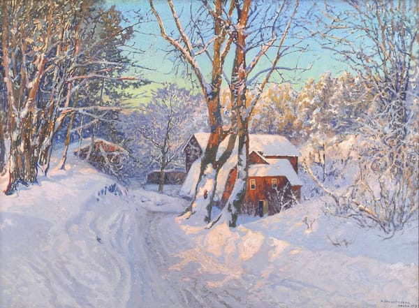 Обои Anshelm Leonard Schultzberg, снег, домик, пейзаж, рассвет, зима