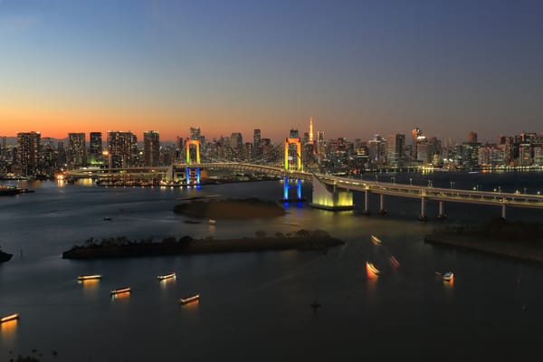Обои Tokyo, Rainbow Town, dusk, bridge, reflections, sunset, Odaiba, Rainbow Bridge, Japan, twilight