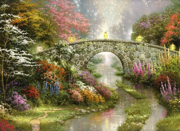 Обои цветы, волшебство, природа, painting, живопись, flowers, Томас Кинкейд, фонари, beautiful, Thomas Kinkade, bridge, Stillwater bridge, nature, magic, мост, красивая, lamps
