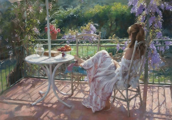Обои картина, сад, девушка, Vicente Romero Redondo, веранда, отдых, книга, фрукты, солнечно, цветы