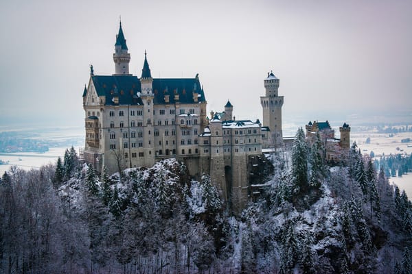 Обои Neuschwanstein, зима, деревья, даль, людвиг, лес, германия, снег, замок, небо, бавария, башня