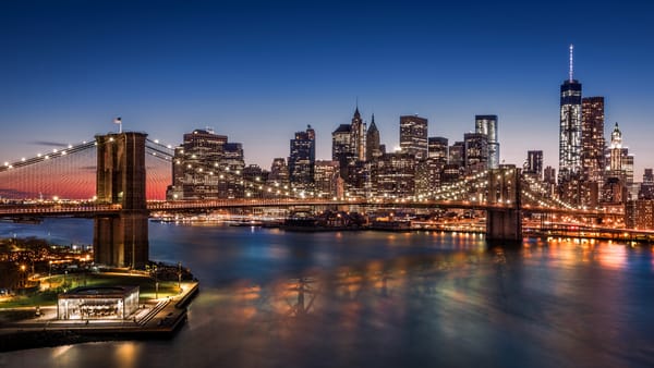 Обои Brooklyn Bridge, USA, Manhattan, city, skyscrapers, night, New York, lights, harbour