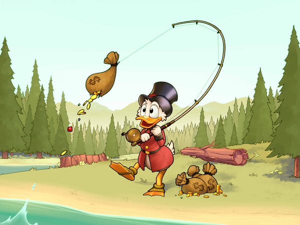Обои лес, рыбалка, Scrooge McDuck, Duck Tales, золото, удочка, монеты, Disney