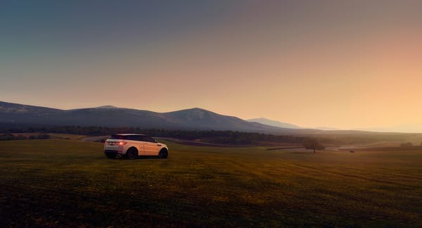 Обои поле, Range Rover, Evoque, Land Rover, машина, холмы, закат