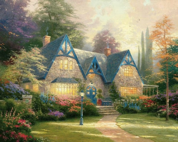 Обои Winsor Manor, цветы, усадьба, имение, фонарь, коттедж, painting, дом, живопись, сад, Томас Кинкейд, Thomas Kinkade