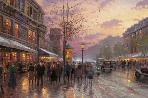 Обои Boulevard Lights, бульвар, Франция, painting, Paris, сумерки, свет, Париж, Thomas Kinkade, осень, живопись, город, Томас Кинкейд
