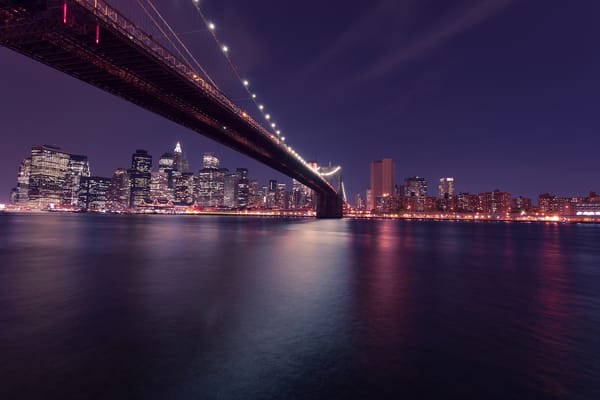 Обои New york city, огни, Brooklyn Bridge, ночь, США, Manhattan, Бруклинский мост, usa, город, небоскребы, Ист Ривер, Манхэттен