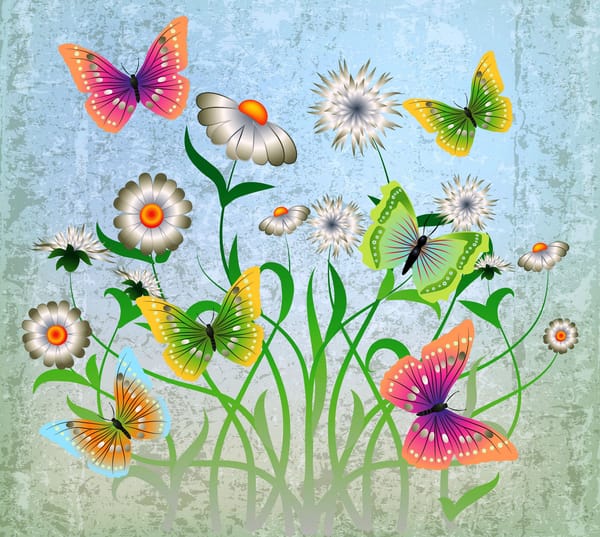 Обои abstract, grunge, butterflies, цветы, design, flowers, бабочки