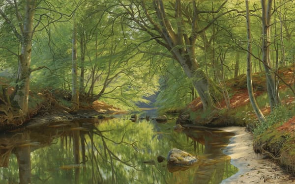 Обои Forest stream, Петер Мёрк Мёнстед, Danish realist painter, 1896, датский живописец, Peder Mørk Mønsted, Лесной ручей
