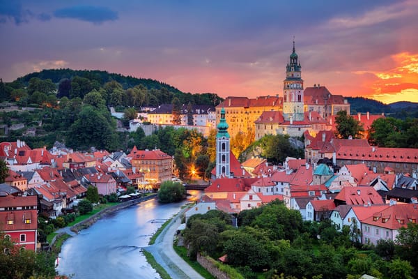 Обои закат, река, Český Krumlov, дома, Czech Republic, Чески-Крумлов, Чехия, Река Влтава, Vltava River, здания