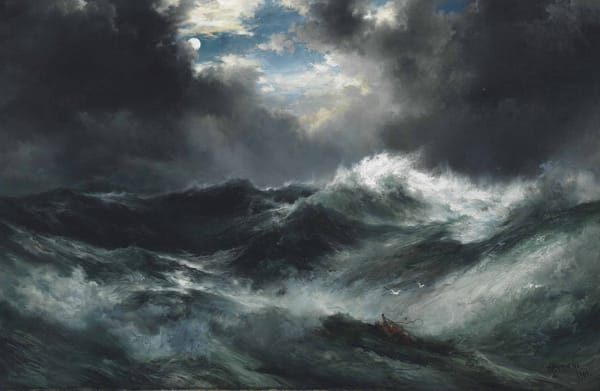 Обои море, свет, маринистика, шторм, картина, moonlight shipwreck at sea, thomas moran, ночь, луна, волны, кораблекрушение, тучи