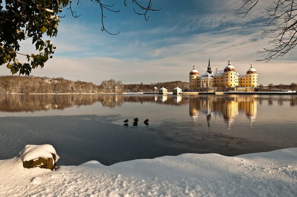 Обои Moritzburg Castle, зима, вода, отражение, озеро, Germany, Замок Морицбург, Германия, снег