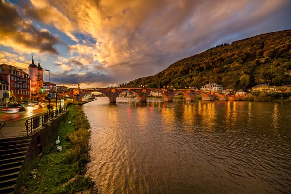 Обои мост, холм, Kristian Karaneshev, река, город, Heidelberg, Германия, вечер, Гейдельберг, улица, освещение, здания