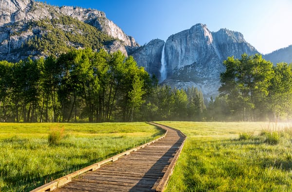 Обои Yosemite National Park, лес, Калифорния, деревья, водопад, горы, дорожка, США
