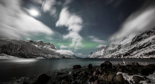 Обои Ersfjorden, фьорд, Norway, горы, Эрсфьордботн, Норвегия, северное сияние