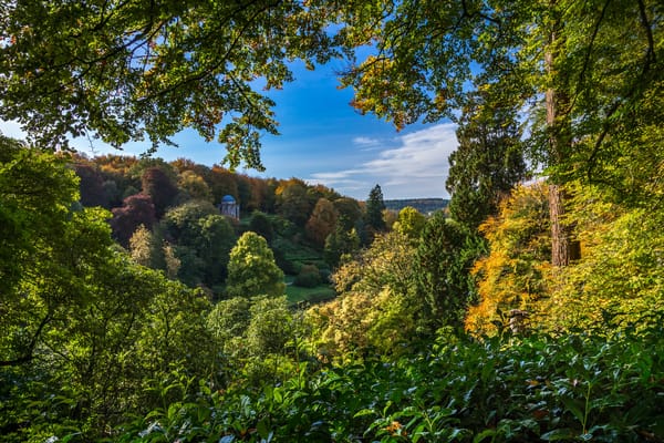 Обои Stourhead Garden, England, деревья, пейзажный парк, Wiltshire, Англия, Уилтшир, озеро, осень, Стурхед