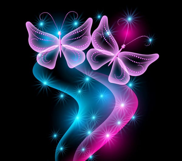 Обои neon, бабочки, glow, неоновые, sparkle, butterflies, pink, blue, abstract