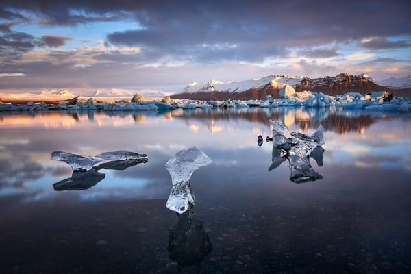 Обои море, отражение, лед, снег, Glacier bay, горы, Южная Исландия