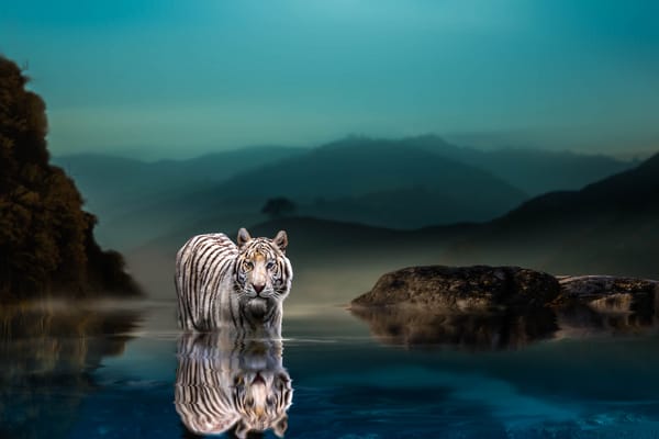 Обои природа, тигр, камни, хищник, животное, водоём, Thai Phung, вечер